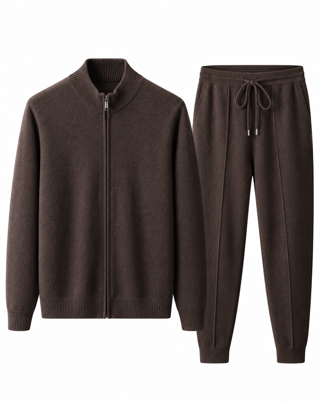 Dark brown merino wool knit tracksuit set for men, zip jacket and joggers