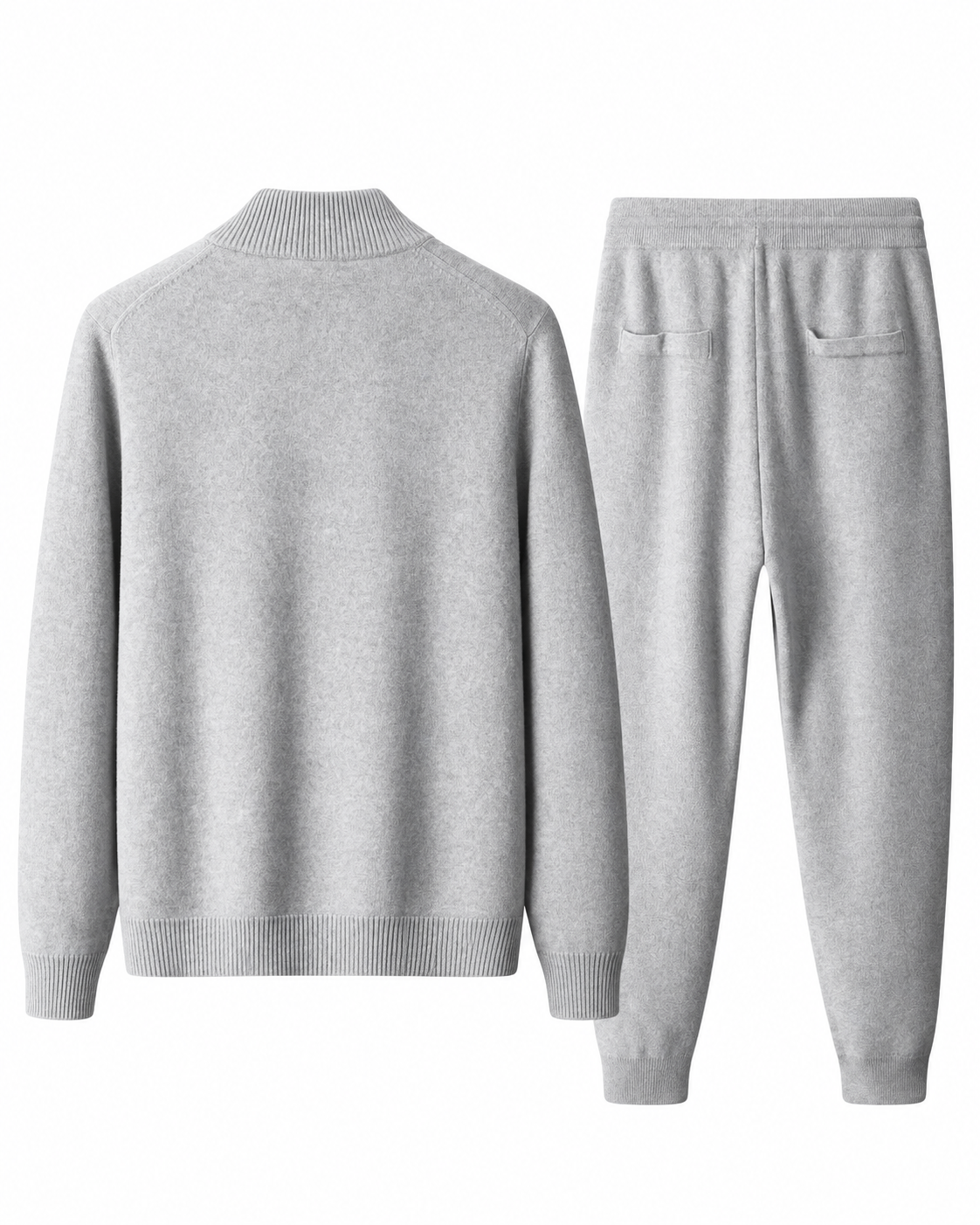 Back view of the light grey merino wool knit tracksuit set