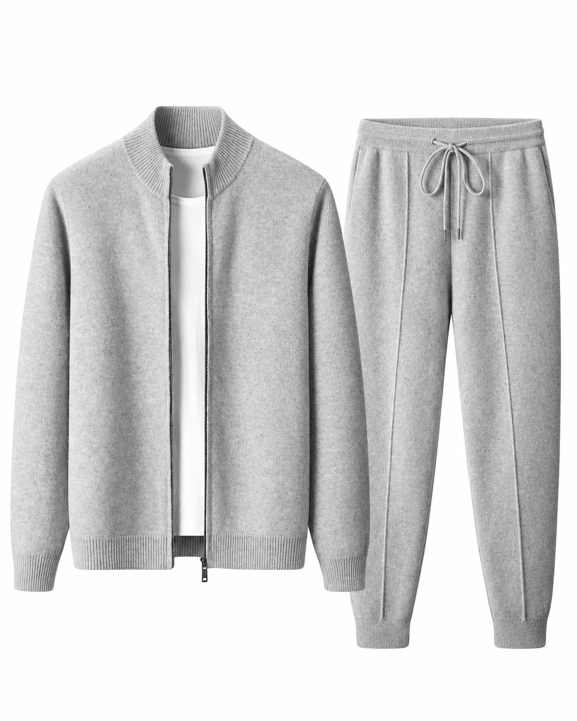 Light grey merino wool knit tracksuit set for men, zip jacket and joggers