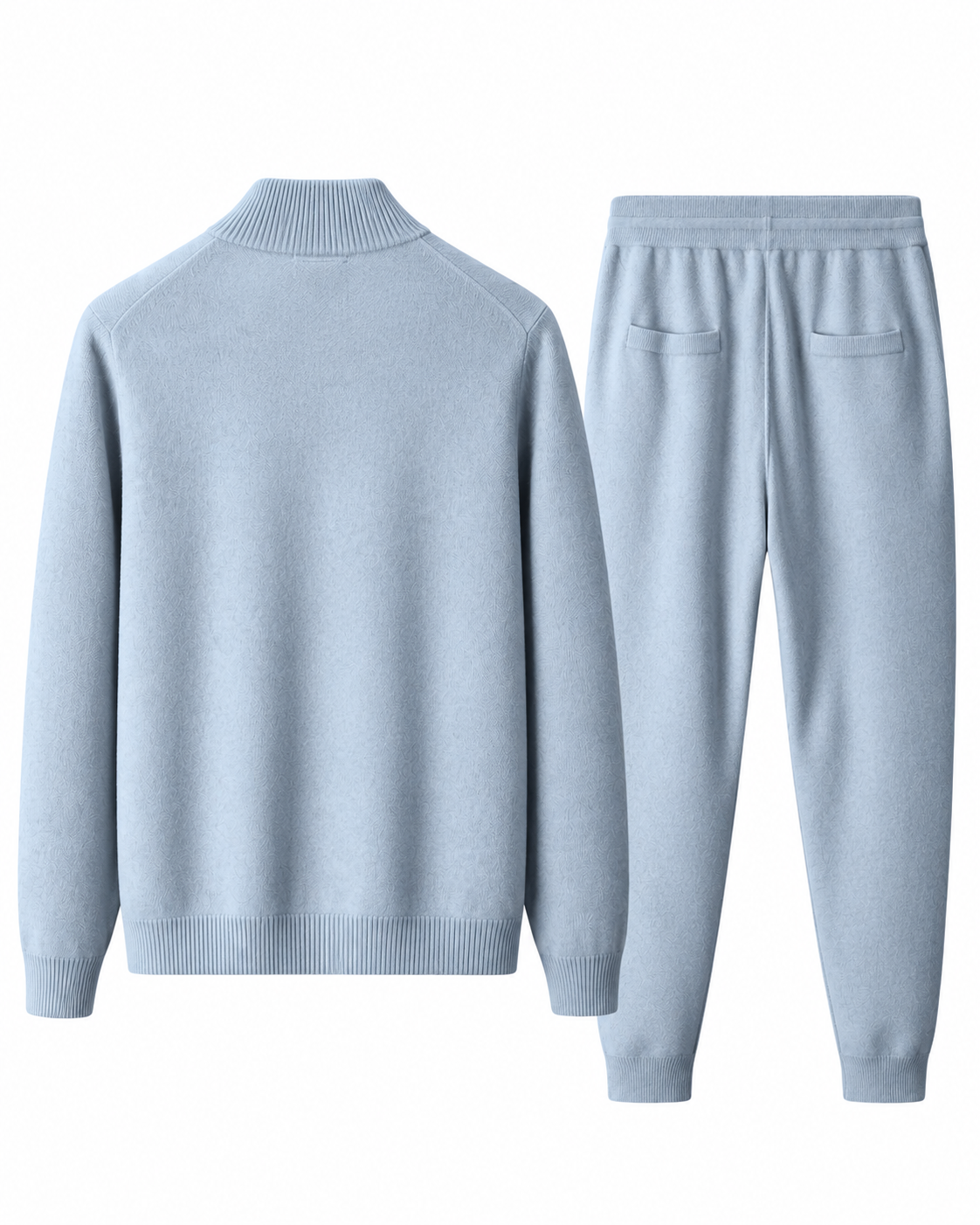 Back view of the light blue merino wool knit tracksuit set