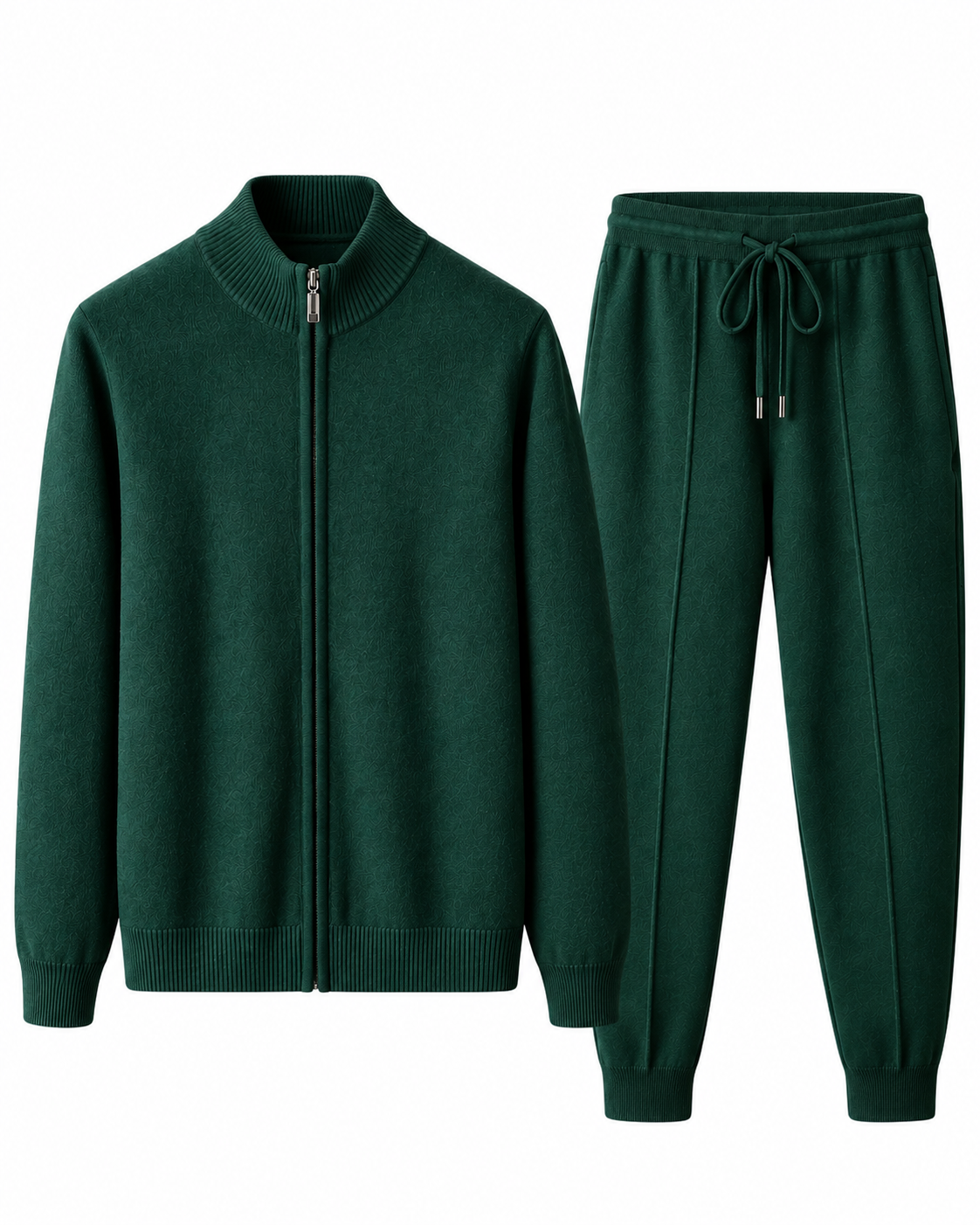 Dark green merino wool knit tracksuit set for men, zip jacket and joggers
