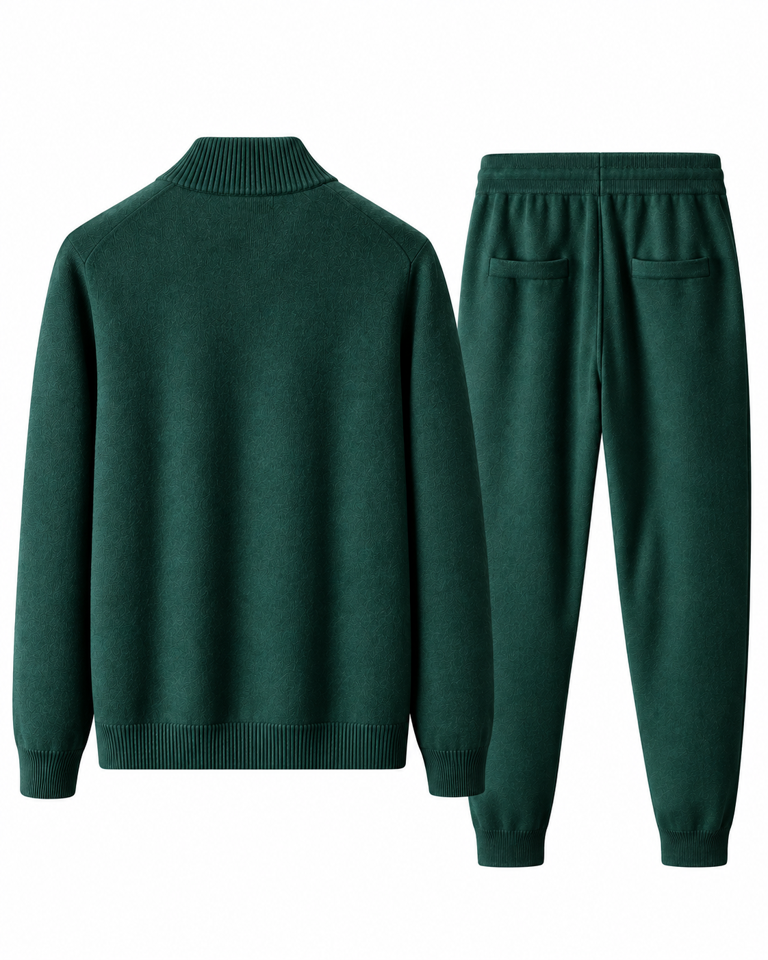 Back view of the dark green merino wool knit tracksuit set