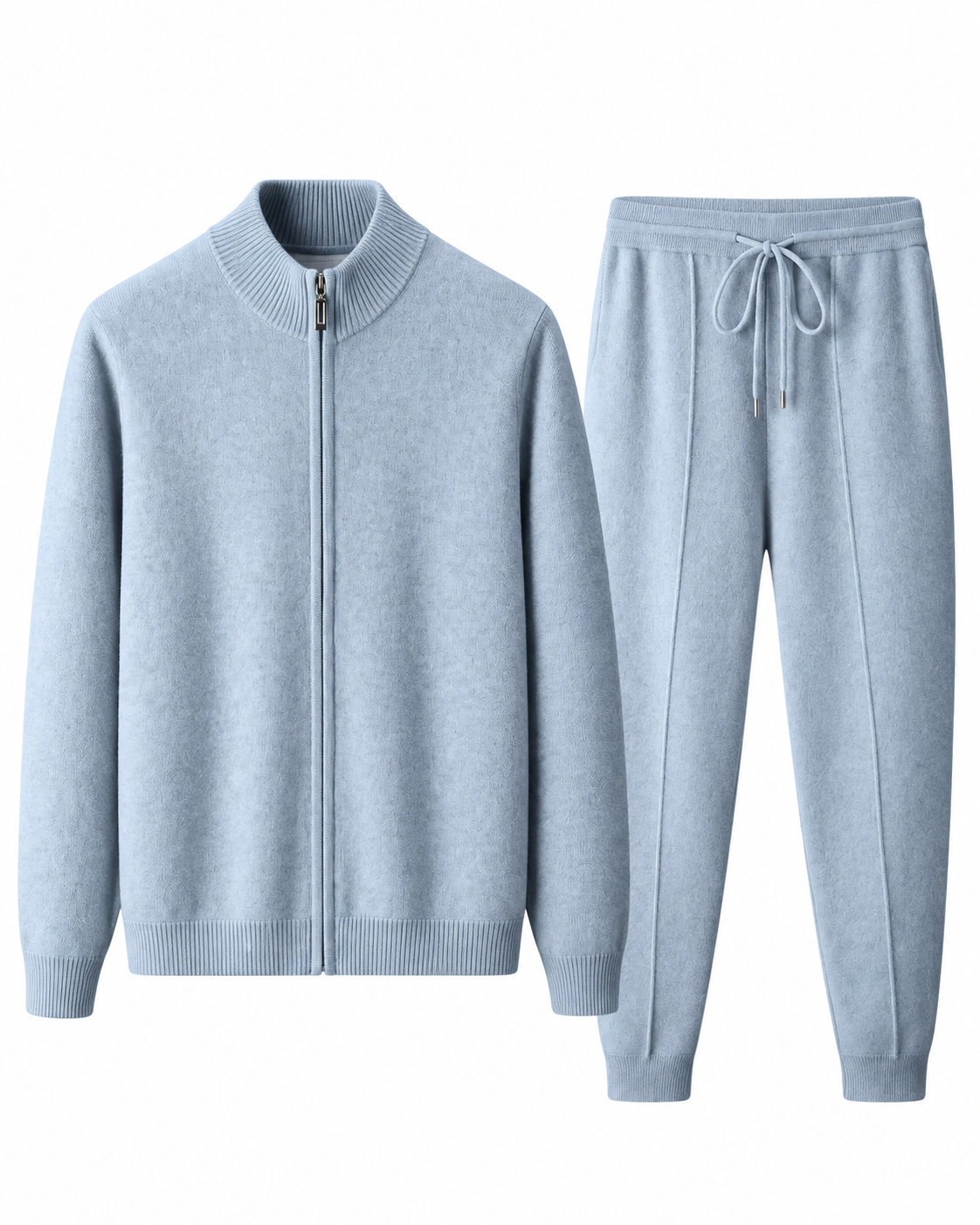 Light blue merino wool knit tracksuit set for men, zip jacket and joggers