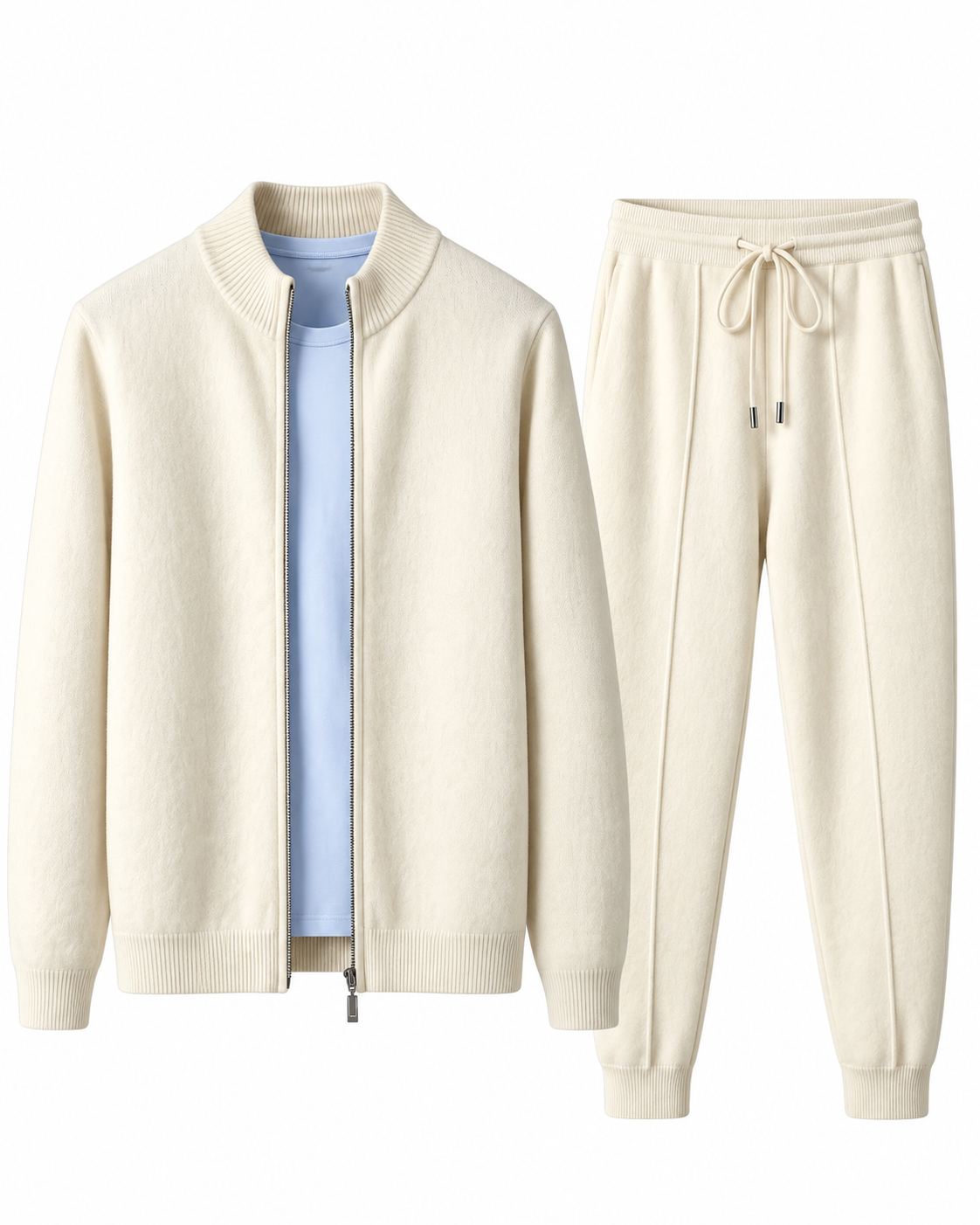 Cream white merino wool knit tracksuit set for men, zip jacket and joggers