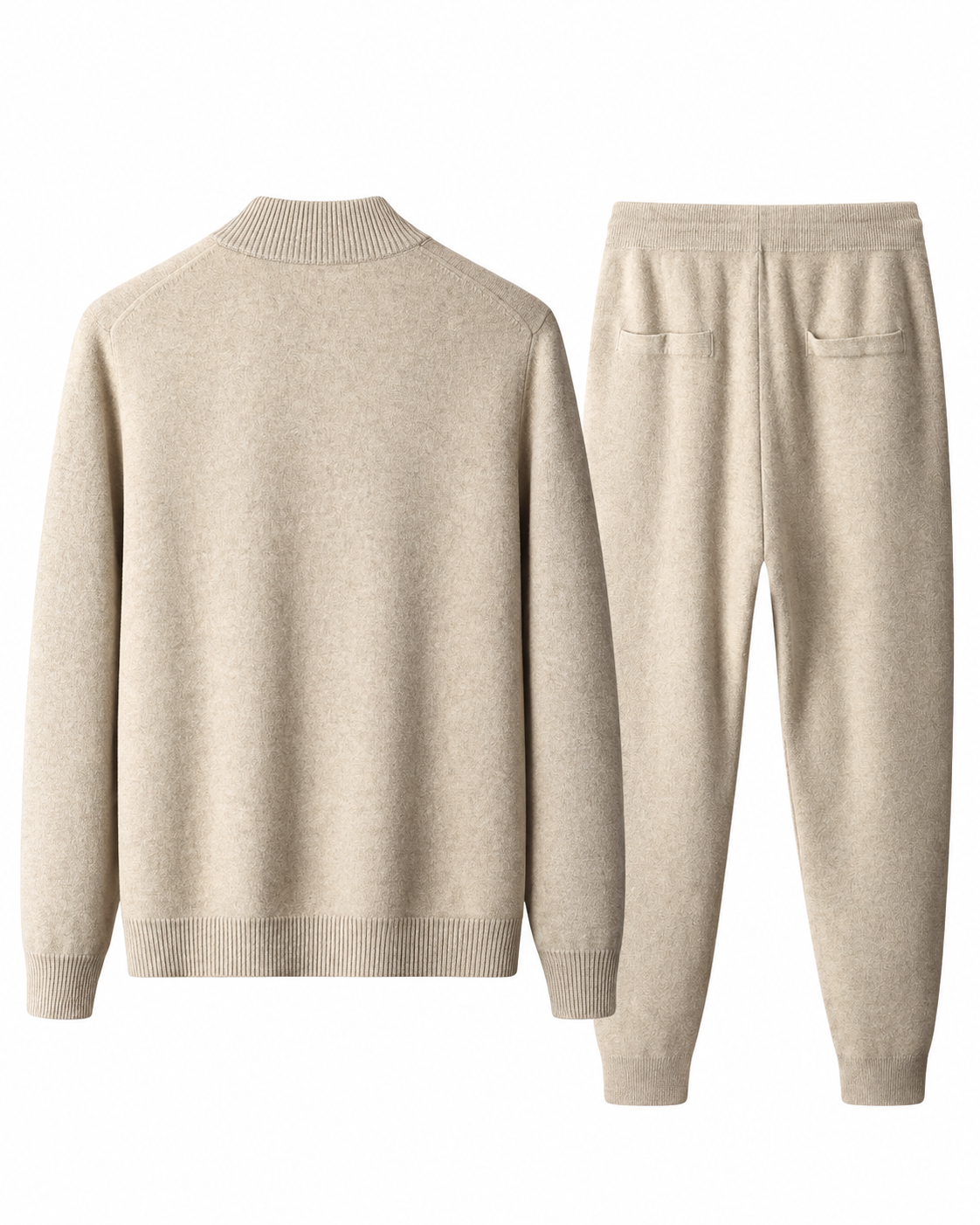 Back view of the sand merino wool knit tracksuit set