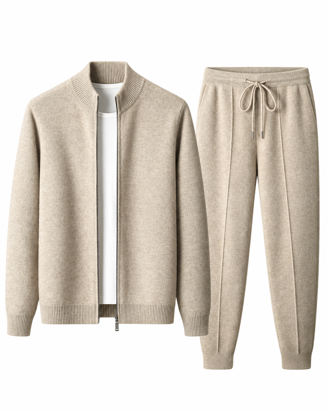Sand merino wool knit tracksuit set for men, zip jacket and joggers