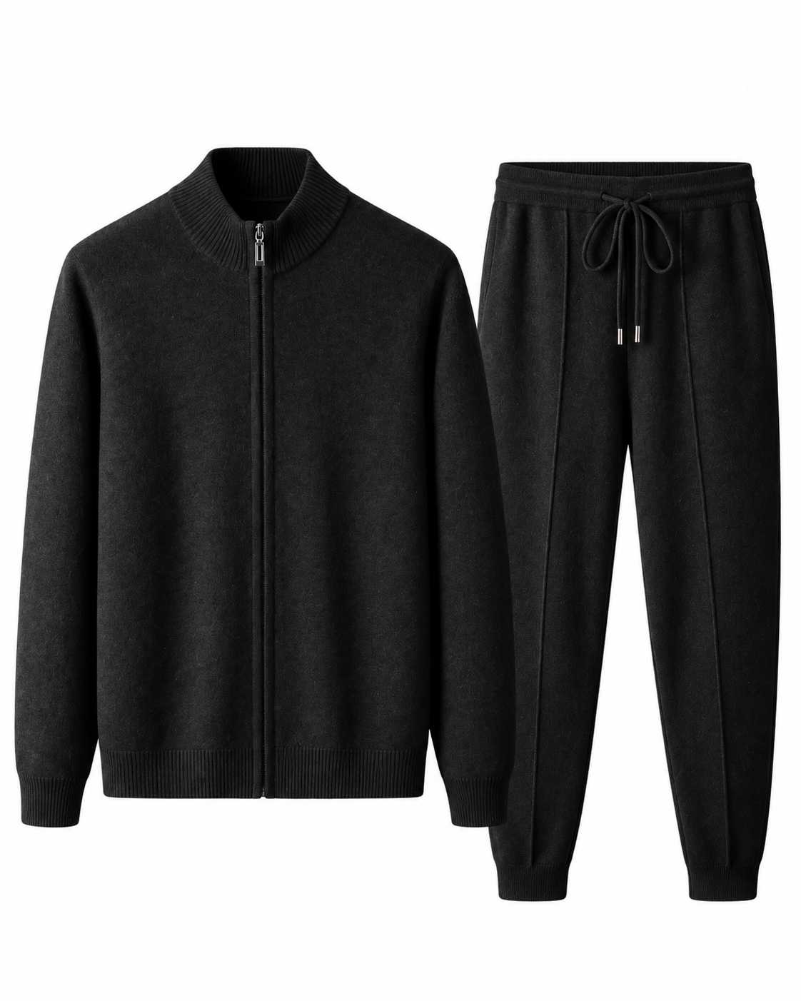 Black merino wool knit tracksuit set for men, zip jacket and joggers