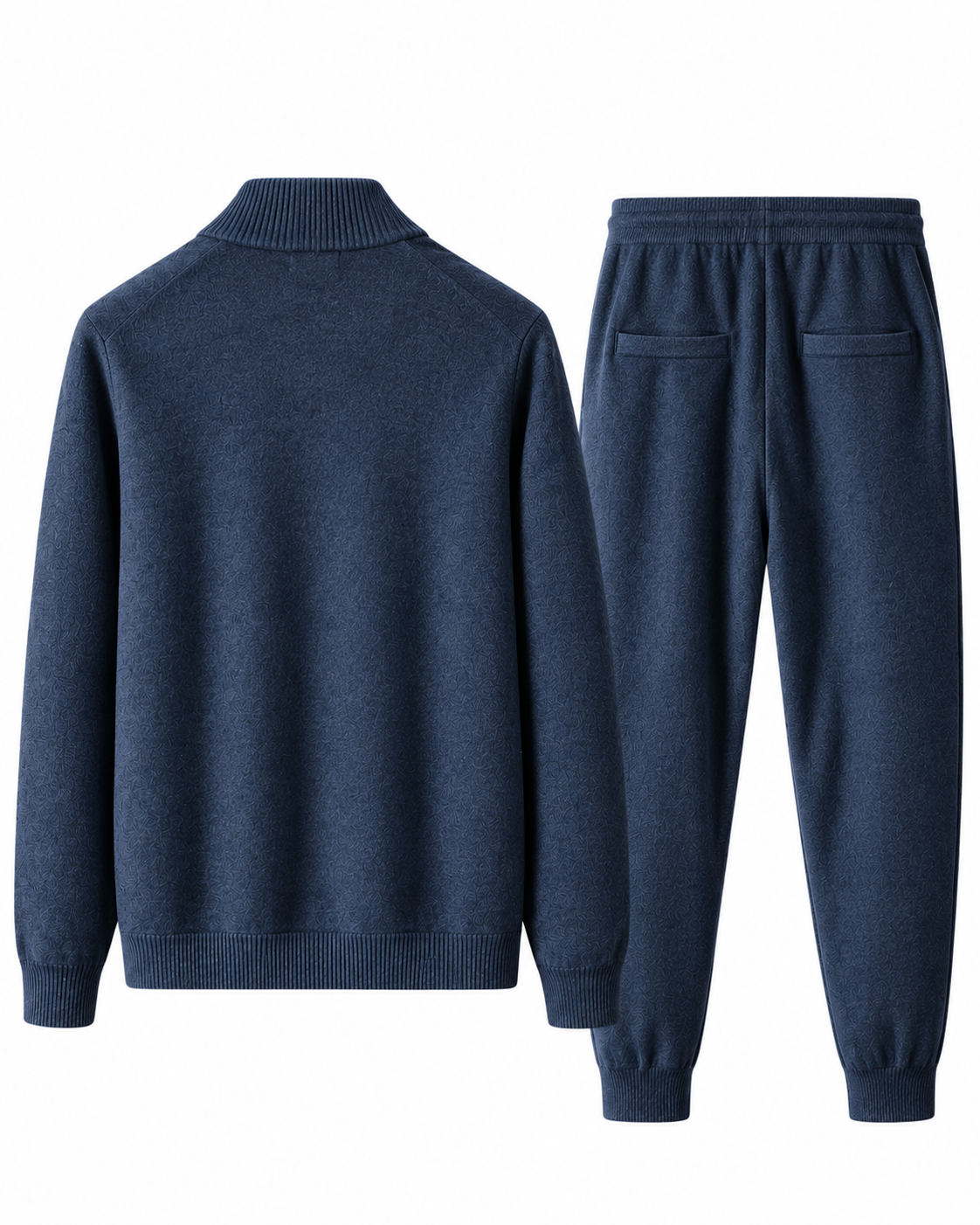 Back view of the navy merino wool knit tracksuit set