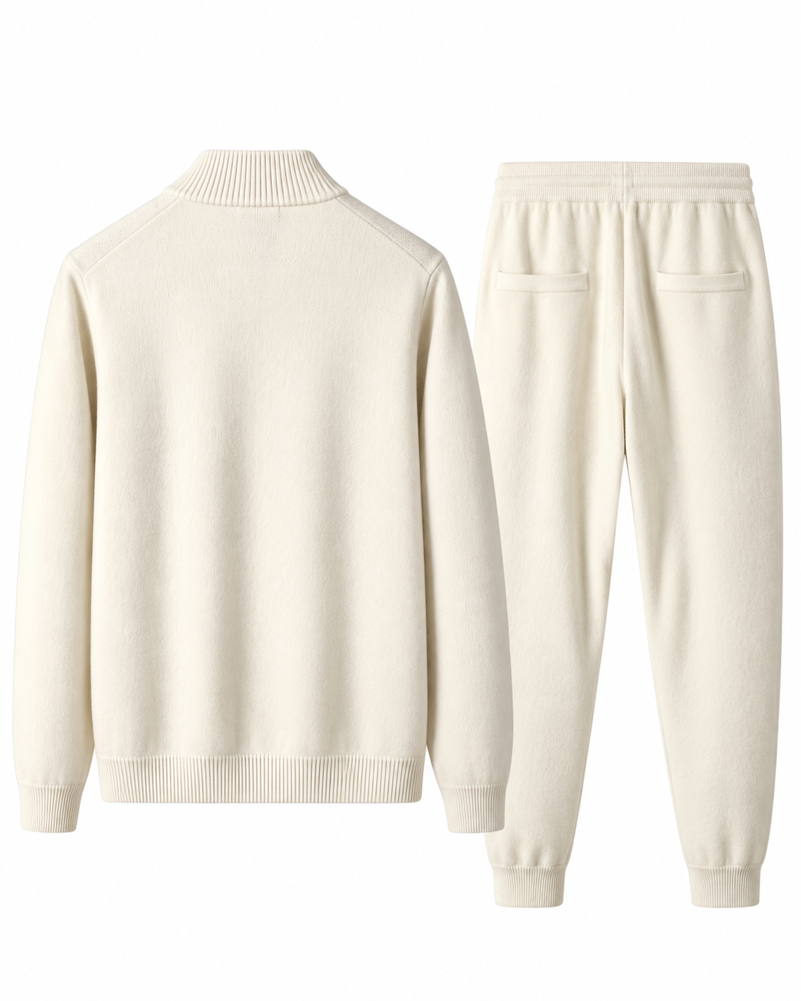 Back view of the cream white merino wool knit tracksuit set