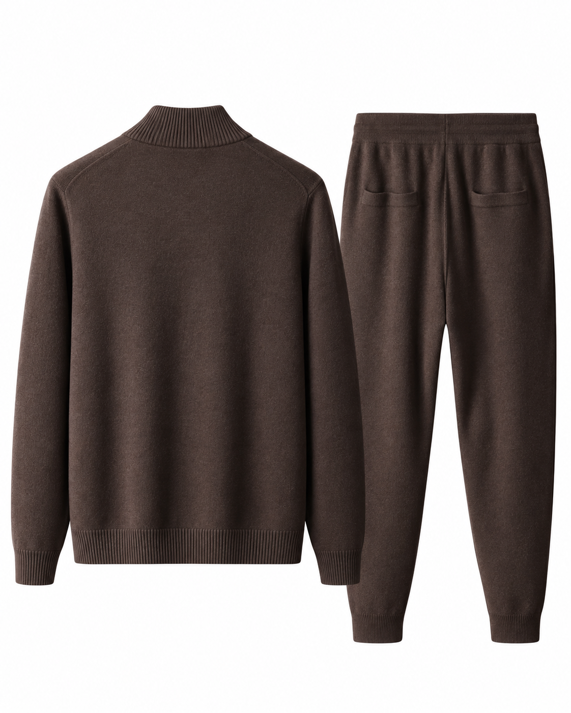 Back view of the dark brown merino wool knit tracksuit set