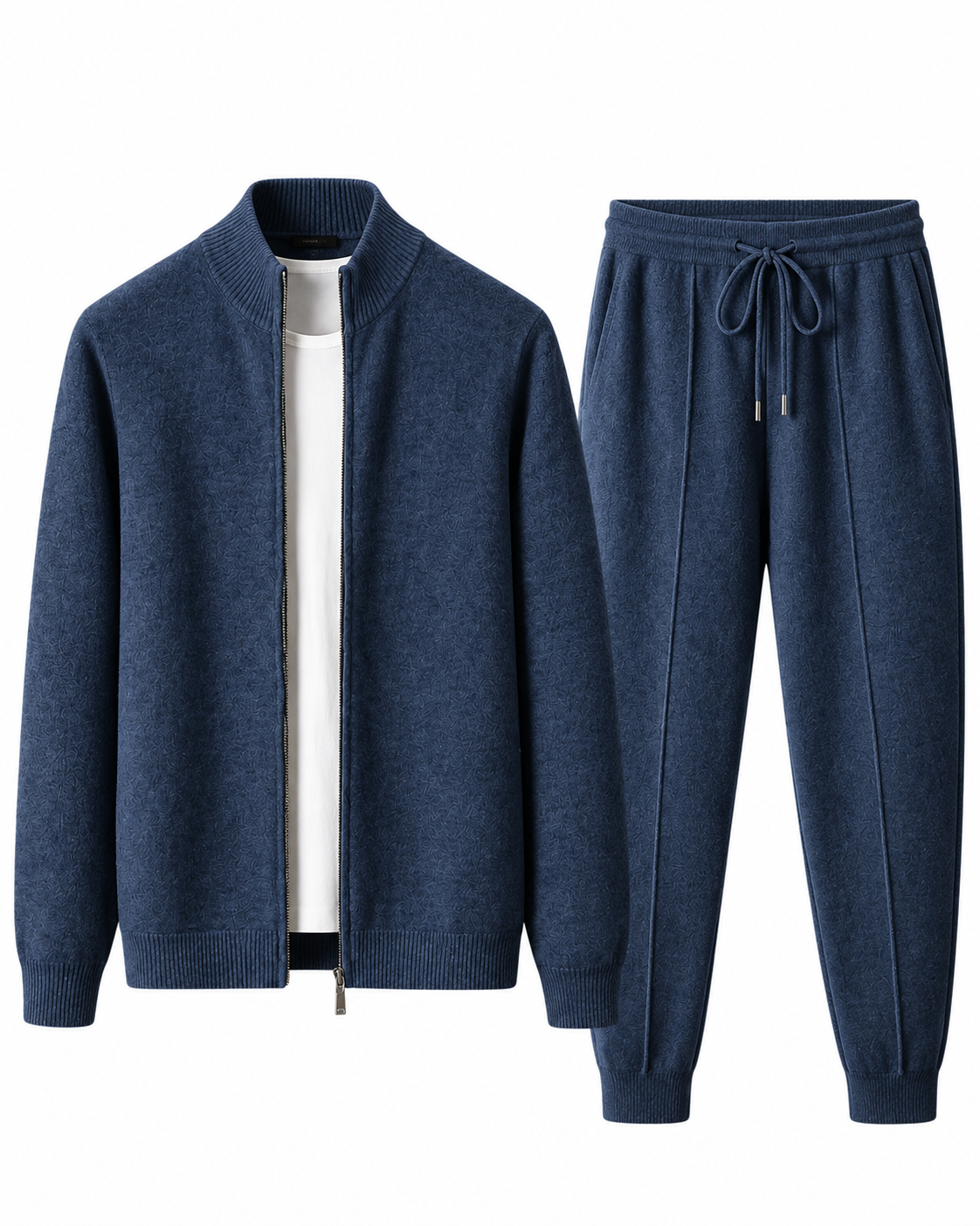 Navy merino wool knit tracksuit set for men, zip jacket and joggers