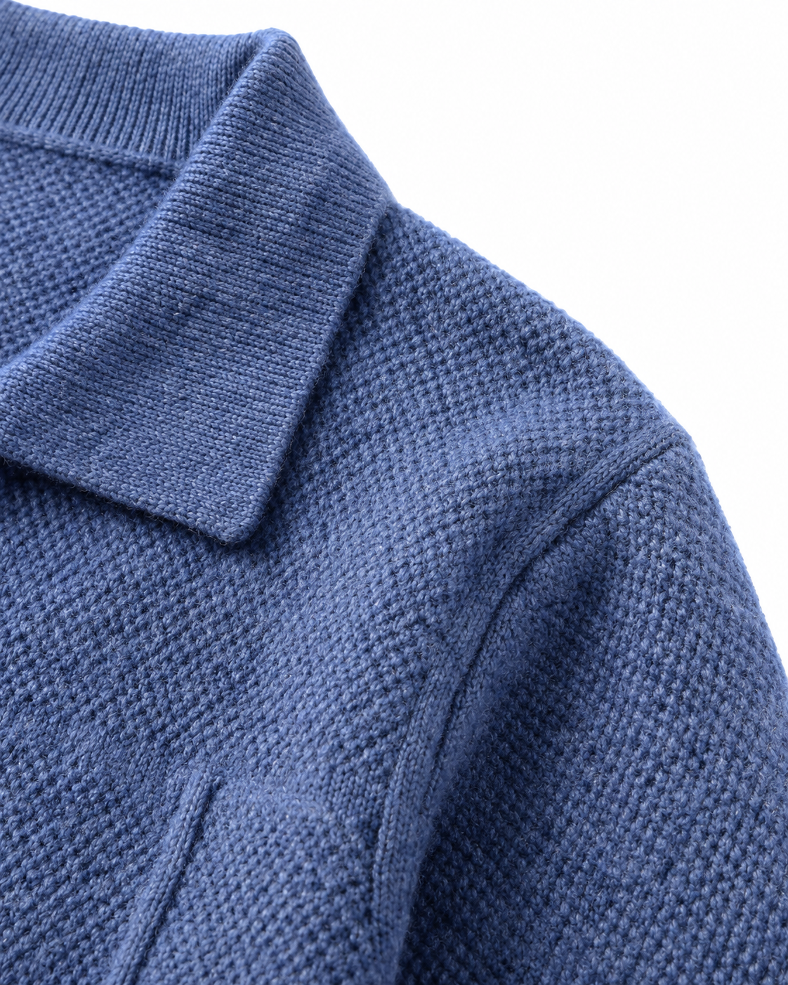 Close-up of the shirt collar on the sea blue merino overshirt
