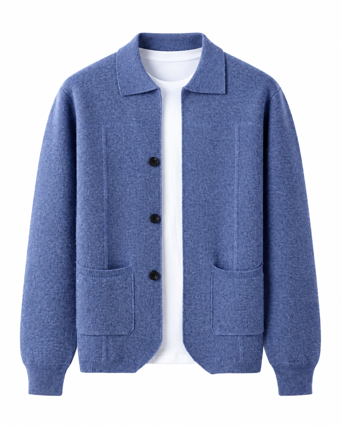 Sea blue merino wool button overshirt for men, front view